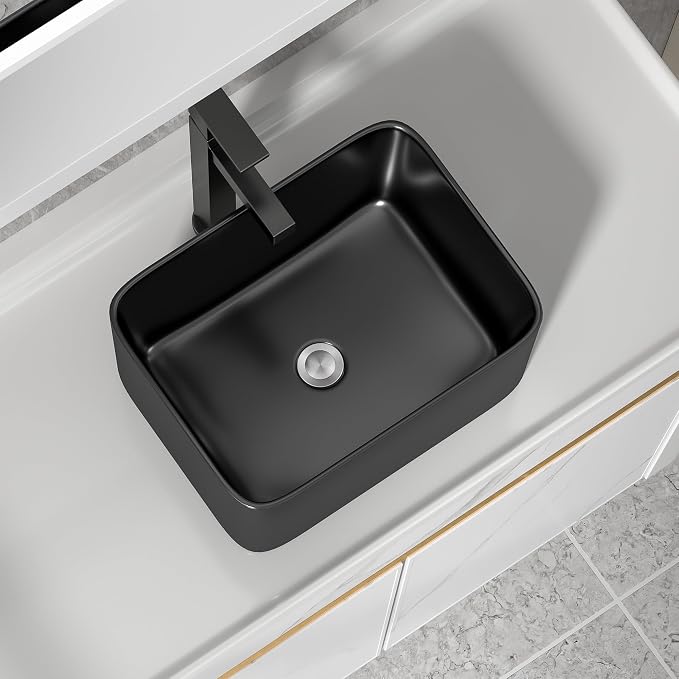 16"x12" Black Bathroom Vessel Sink Rectangular - Matte Black Porcelain Ceramic Rectangle Above Counter Vanity Lavatory Bath Sink Art Basin