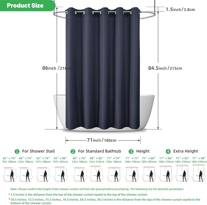 No Hook Waffle Shower Curtain, No Liner Needed, 71x86 Inch, Navy Blue | 100% waterproof TPU-laminated backing, magnetic weighted hem, machine washable, shower curtain set for bathroom or hotel use