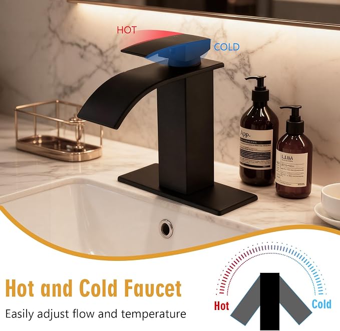Bathroom Sink Faucet, Waterfall Bathroom Faucet with Pop-up Drain, Supply Hoses and Deck Plate, Suitable for 1 or 3 Holes, Mate Black