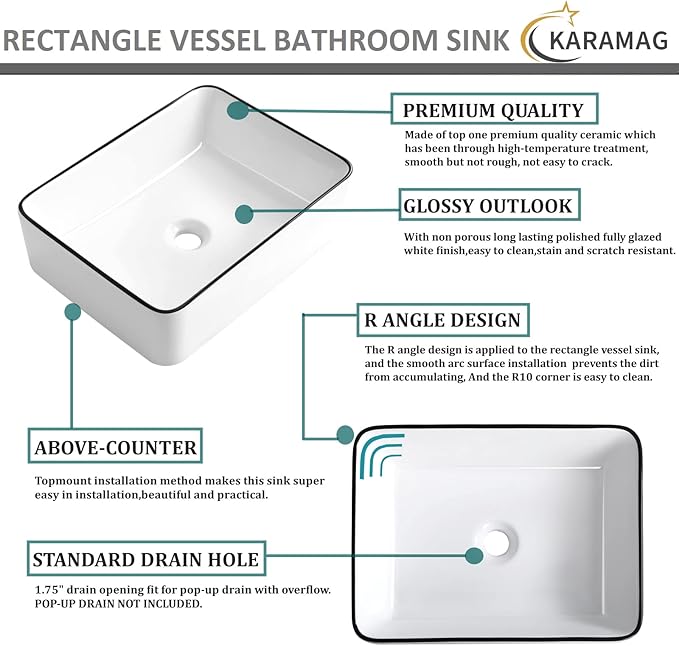 White Vessel Sink,Rectangle 19"x15" Bathroom Sink Above Counter Porcelain Ceramic Small Sink Bowl Ceramic Vessel Sinks for Bathrooms