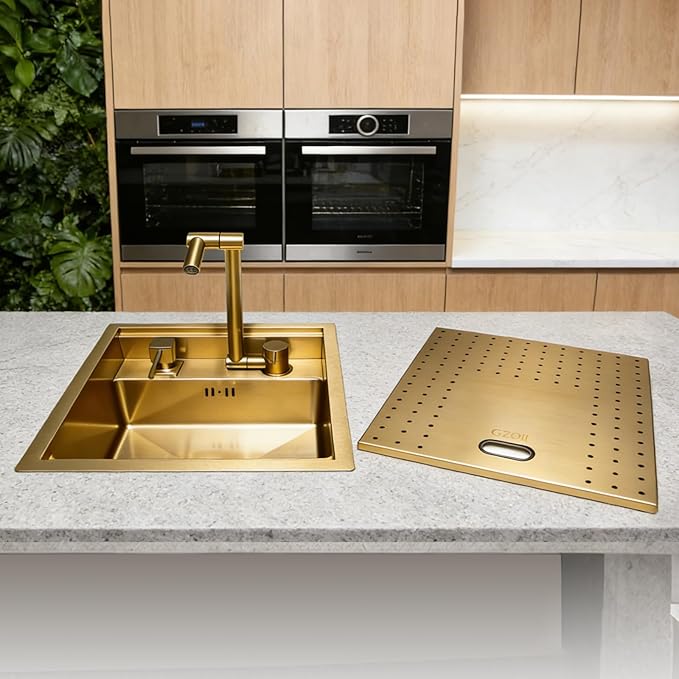 Gold Bar Sink, 17.32×14.17×7.87 Inch Small Portable Utility Single Bowl Outdoor Camper RV Kitchen Sink with Foldable Faucet and Cover Plate