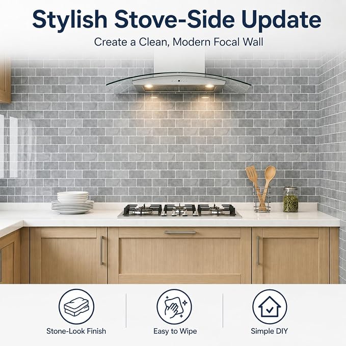 Peel and Stick Backsplash for Kitchen, Grey | 10 pack self‑adhesive tiles for backsplash, bathroom, or accent wall. Easy DIY install and wipeable. Covers approx. 10 sq ft.