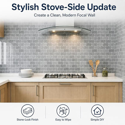Peel and Stick Backsplash for Kitchen, Grey | 10 pack self‑adhesive tiles for backsplash, bathroom, or accent wall. Easy DIY install and wipeable. Covers approx. 10 sq ft.