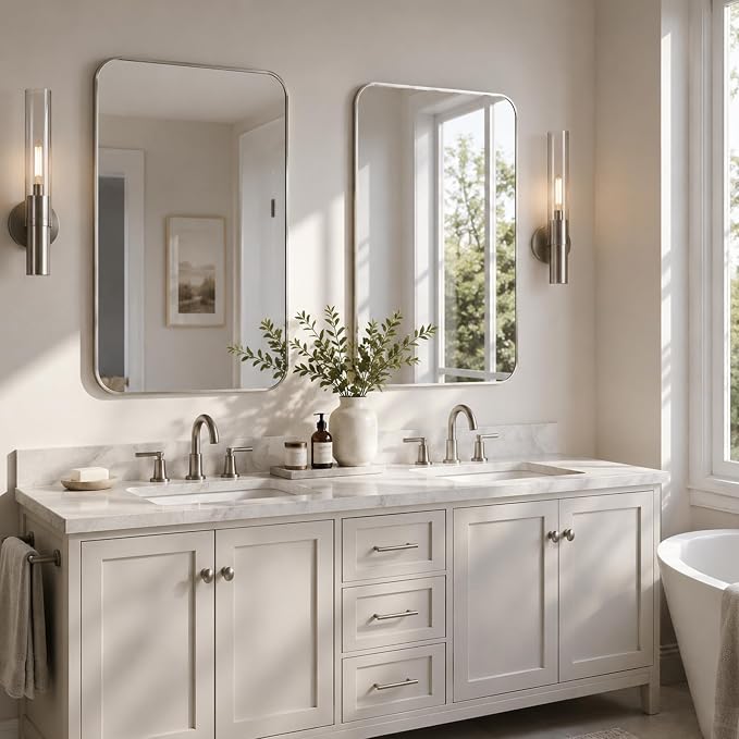 2-Pack 22x30 Inch Brushed Nickel Rounded Rectangle Vanity Mirrors | Double Vanity or Two Bathrooms, Pair or Separate Use, Aluminum Frame, Slim Front Profile, Two-Way Mount
