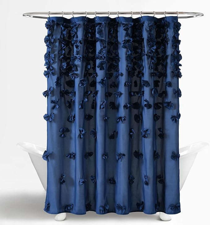 Lush Decor Riley Shower Curtain, 72" W x 72" L, Navy - Bathroom Curtain - Coquette Decor - Bow Shower Curtains - Cottage Core - Fabric Shower Curtains