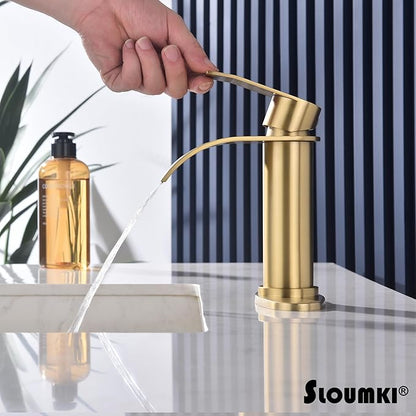 Brushed Gold Waterfall Bathroom Faucet Single Hole, Gold Bathroom Faucet for Sink 1 Hole with 6 in Deck Plate and Pop Up Drain and Supply Hose, Modern Bathroom Sink Faucet，SL5002BG
