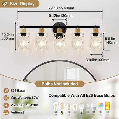 Bathroom Light Fixtures, 5-Light Coastal Vanity Lights with Crystal Glass Shade, Black Bathroom Wall Lamp for Mirror Kitchen Hallway Cabinet