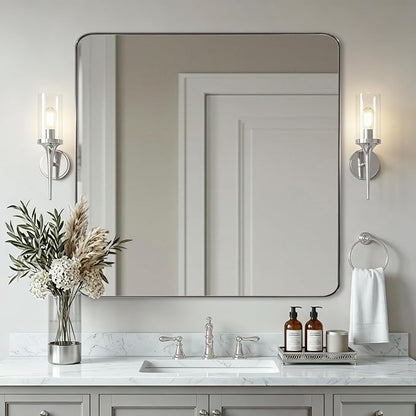Square Brushed Nickel Mirror for Bathroom, 24”x24” Silver Metal Frame Wall Mirror, Rounded Corner Stainless Steel Hangs Horizontal Or Vertical