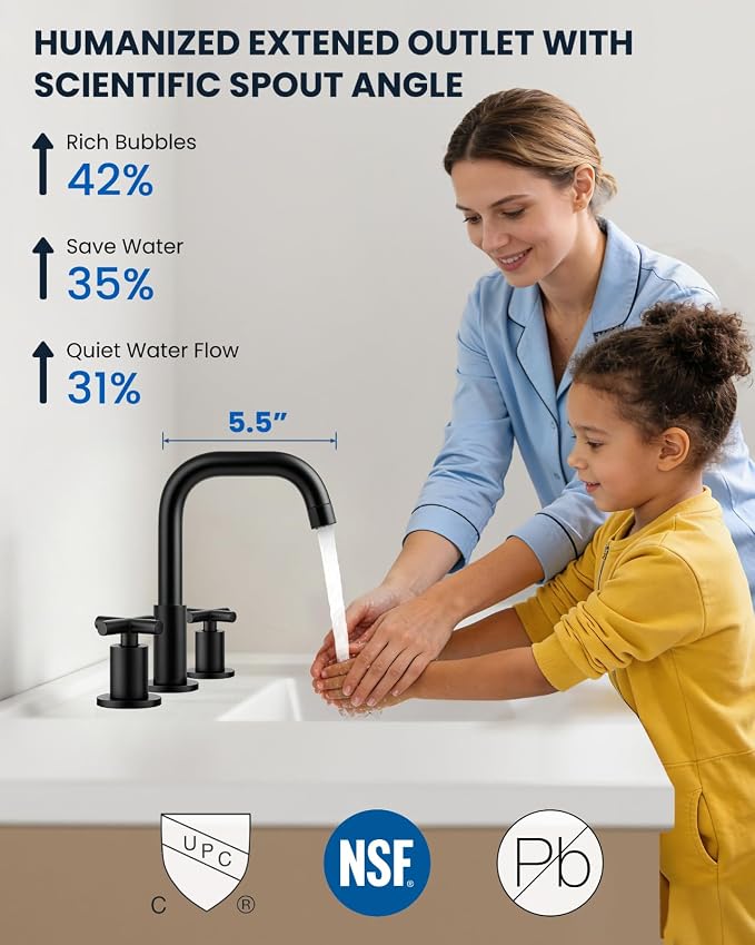 gotonovo Widespread 8 inch 3 Hole Bathroom Sink Faucet Matte Black | 2 Cross Handle Bathroom Faucet,SUS304,360° Swivel Spout,24’’ cUPC Hose,Pop Up Drain,6-16’’ Vanity,Sink,Lavatory,Basin,RV