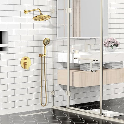 SR SUN RISE Shower Faucet - 10 Inch Multifunctional High Pressure Shower Head System with Handheld Shower Head Fixtures - Valve Included - Brushed Gold