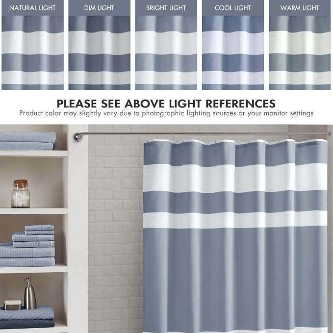 Madison Park Spa Waffle Weave Long Shower Curtain, 72 x 78, Indigo Blue | Striped, Pieced Fabric Design, 3M Scotchgard Moisture Management, Hotel Quality, Modern, for Bathroom, OEKO-TEX Certified