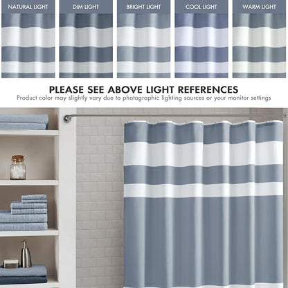 Madison Park Spa Waffle Weave Long Shower Curtain, 72 x 78, Indigo Blue | Striped, Pieced Fabric Design, 3M Scotchgard Moisture Management, Hotel Quality, Modern, for Bathroom, OEKO-TEX Certified