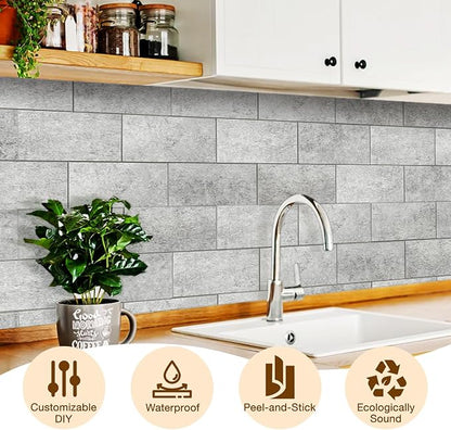 Peel and Stick Backsplash Tile for Kitchen & Bathroom Walls (Matte Grayish Textured, 10 Tiles - 9.7 sq. ft. (0.9 m²))
