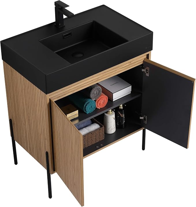 Crownpoint 30 Inch Bathroom Vanity with Sink, Black Sink, Bright Oak Finish, Full Assembly Required, Elegant Bathroom Vanities for Modern Homes