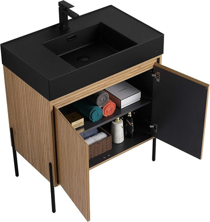 Crownpoint 30 Inch Bathroom Vanity with Sink, Black Sink, Bright Oak Finish, Full Assembly Required, Elegant Bathroom Vanities for Modern Homes