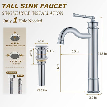 Vessel Sink Faucet Chrome Bathroom Tall Faucet Single Hole Deck-Mount Pop up Drain Assembly Without Overflow Water Supply Lines Included