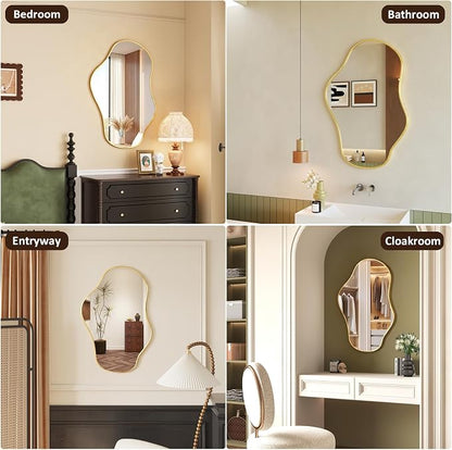 Irregular Wall Mirror, 24"x36" Asymmetrical Mirror with Metal Frame, Decorative Wall Mirror for Entryway Bathroom Living Room Bedroom, Horizontal or Vertical Hanging