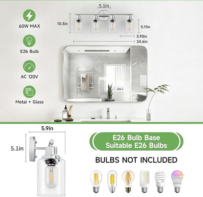 4-Light Bathroom Light Fixtures, Modern Chrome Vanity Lights for Bathroom with Clear Glass Shade, Wall Lamps for Mirror Hallway Kitchen Cabinet Living Room Sconces Lights