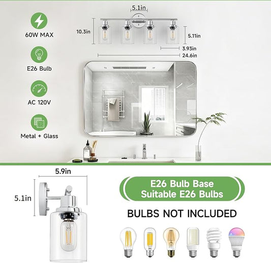 4-Light Bathroom Light Fixtures, Modern Chrome Vanity Lights for Bathroom with Clear Glass Shade, Wall Lamps for Mirror Hallway Kitchen Cabinet Living Room Sconces Lights