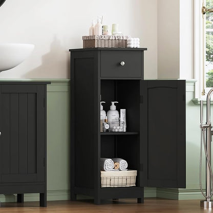 Iwell Bathroom Storage Cabinet, Small Bathroom Floor Cabinet with Drawer & Storage Shelf, Free-Standing Organizer Cabinets for Hallway/Living Room, Black
