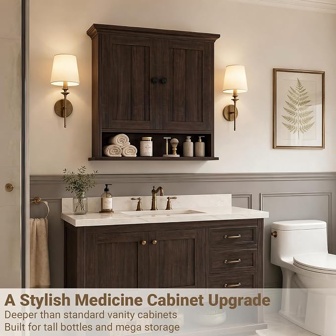 Besiost Farmhouse Bathroom Wall Medicine Cabinet with Removable Towel Bar | Over Toilet Storage Organizer, 7.9" Slim Profile, 100 Lbs Capacity, Adjustable Shelf, Soft Close Hinges Door, Black Walnut
