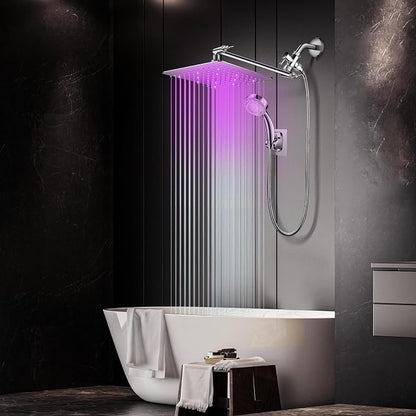 LED Shower Head, 12" LED Shower Head with Color Changing Lights Handheld | High Pressure Rainfall Shower Head Combo, Chrome Stainless Steel & 11" Flexible Curved Arm, 60" Hose