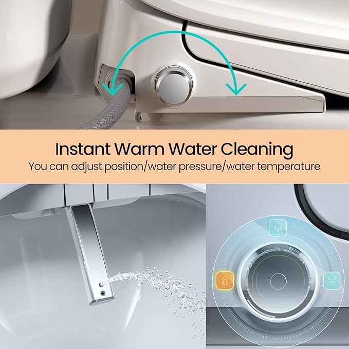 R&T Electric Bidet Seat for Small Round Toilet, Adjustable Warm Water, Air Dryer, Heated Seat, Night Light, Deodorization V305-2