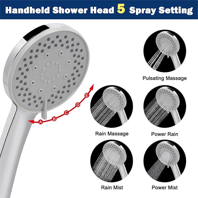 NearMoon Filtered Shower Head, High Pressure 8″Square, 5 settings Handheld Rain Shower Filter Combo with Self-adhesive Holder/1.5M Hose -1 Replaceable Filter Cartridge (Chrome Finish)