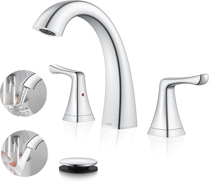 KENES Bathroom Faucets for Sink 3 Hole, Chrome 8 Inch 2 Handle Widespread Bathroom Faucet, Bathroom Vanity Faucet with Pop Up Drain & Supply Lines, LJ-9075-5