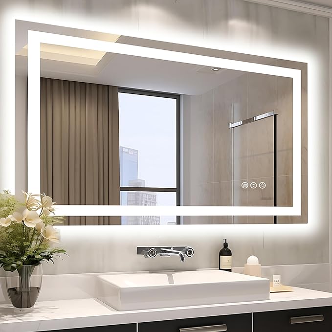 EchosLife 48"x30" LED Bathroom Mirror | Backlit + Front Lit, Anti-Fog, Stepless Dimmable, 3 Colors, Memory, Tempered Glass, UL Listed, Horizontal/Vertical