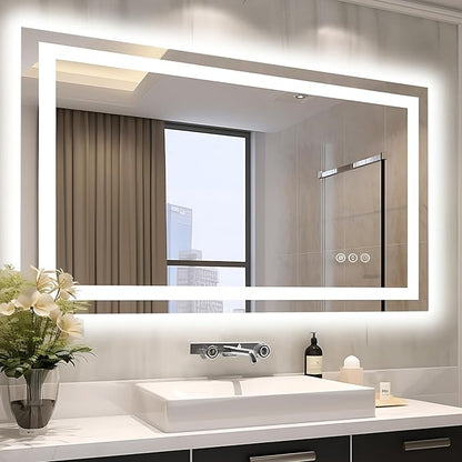EchosLife 48"x30" LED Bathroom Mirror | Backlit + Front Lit, Anti-Fog, Stepless Dimmable, 3 Colors, Memory, Tempered Glass, UL Listed, Horizontal/Vertical