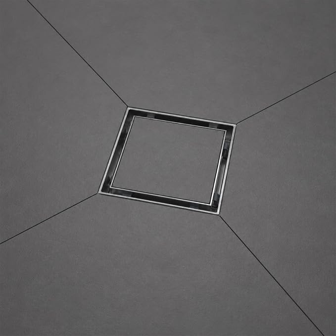 Tile-in Square Shower Drain 6 Inch with Hair Strainer, Brushed | SUS 304 Stainless Steel, Removable Grate & Hair Strainer Design, for Bathroom, Kitchen, Balcony, Garage, Basement, Toilet