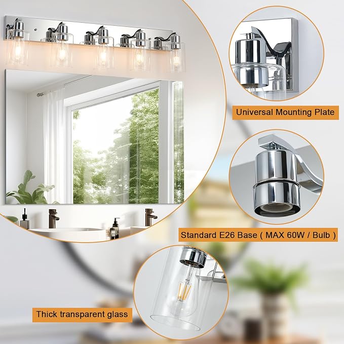 5 Lights Bathroom Light Fixtures Chrome Vanity Light with Clear Glass Shade 36in Modern Bathroom Lighting Fixtures Over Mirror for Bedroom/Living Room