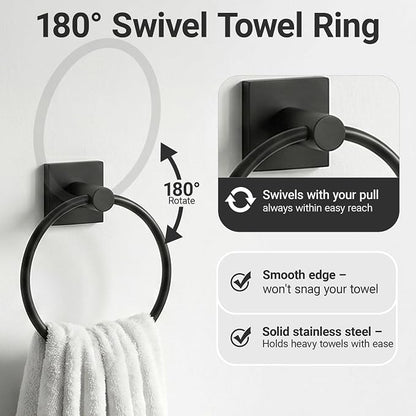 24-Inch Wall Mounted Towel Racks for Bathroom – Space Saver 4-Piece Durable Stainless Steel Bathroom Hardware Set with Towel Bar, Towel Ring, Toilet Paper Holder & Hook, Matte Black