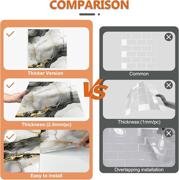 10 Sheets Marble Peel and Stick Backsplash Tile, 12"x12" Waterproof PVC Self Adhesive Tile Shower Wall Panels for Bathroom, Kitchen, Living Room (Metallic Grey)