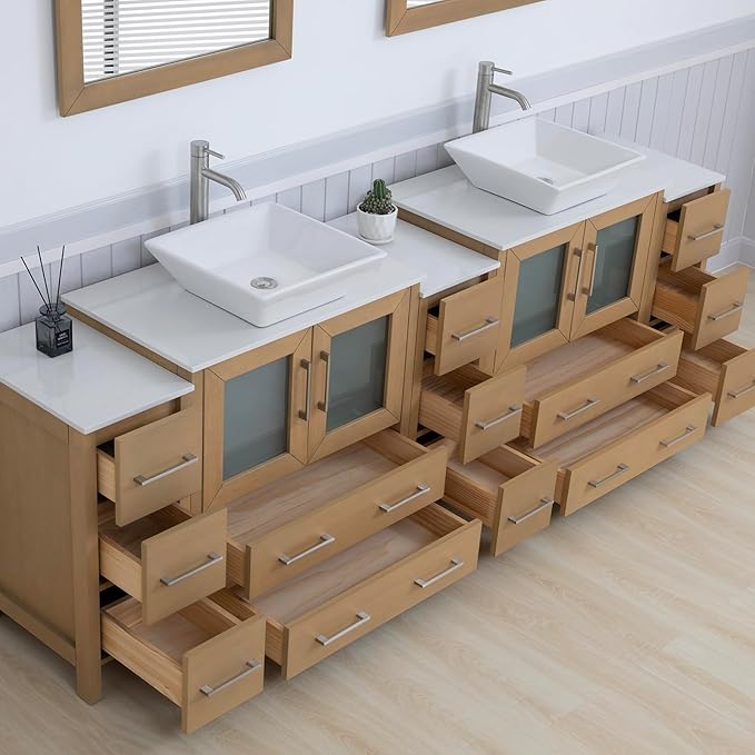 Vanity Art 96 Inch Vessel Double Sink Bathroom Vanity Cabinet with 2 Mirrors, Engineered Marble Top Bathroom Cabinet Compact Set with 13 Dovetail Drawers and Soft Closing Doors, VA3130-96NO
