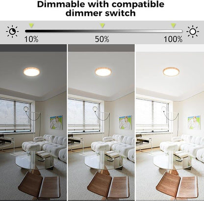 hepside 1Pack LED Flush Mount Ceiling Light Fixture, 7Inch 15W, Dimmable&3000K/3500K/4000K/5000K/6500K Adjustable Low Profile Ceiling Lights, Round Flat Ceiling Light for Closet,Kitchen,Hallway-Wood