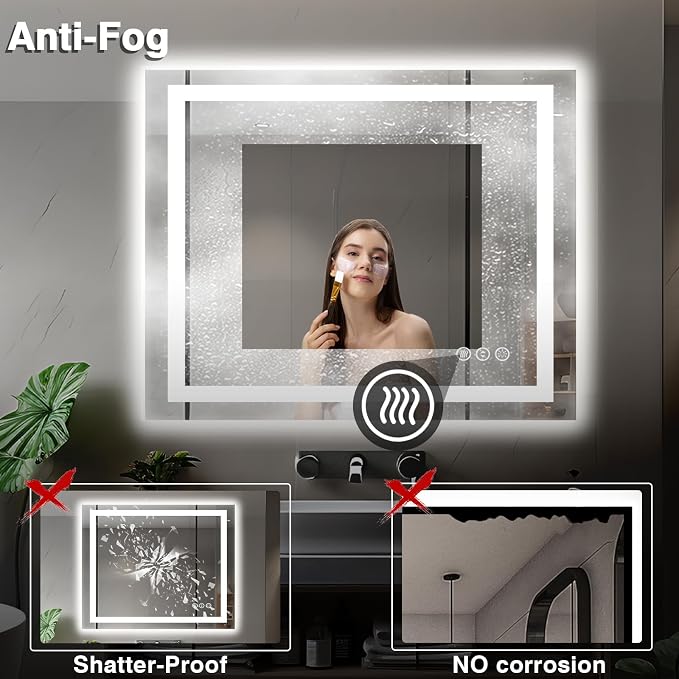 EchosLife 40"x36" LED Bathroom Vanity Mirrors | Backlit + Front Lit, Anti-Fog, Stepless Dimmable, 3 Colors, Memory, Tempered Glass, UL Listed, Horizontal/Vertical