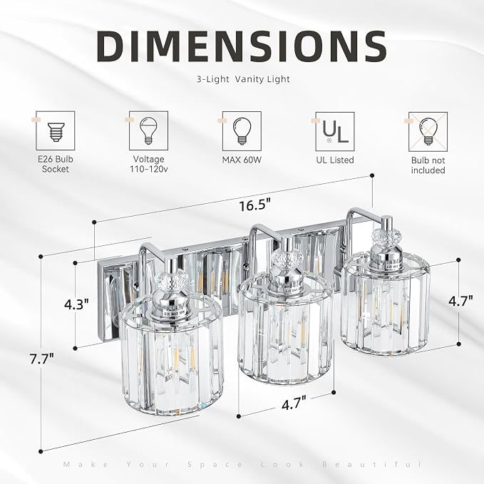 3-Light Modern Bathroom Light Fixture Chrome Bathroom Vanity Lights Over Mirror Wall Sconce Lighting with K9 Crystal Shades E26 Base for Bedroom, Living Room, Hallway, Cabinet Wall Lamp