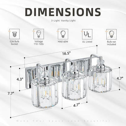 3-Light Modern Bathroom Light Fixture Chrome Bathroom Vanity Lights Over Mirror Wall Sconce Lighting with K9 Crystal Shades E26 Base for Bedroom, Living Room, Hallway, Cabinet Wall Lamp