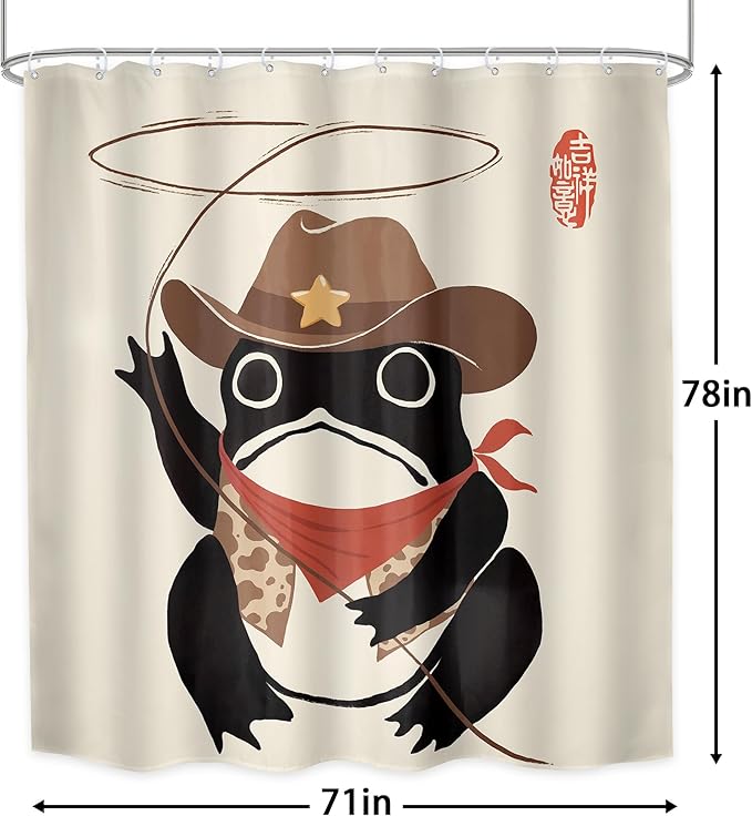 LGhtyro Funny Cowboy Frog Shower Curtain Bathroom Set 71Wx78H Inches Extra Long Western Rodeo Animal Hat Japanese Art Asian Traditional Bath Accessories Cute Art Home Decor Fabric 12 Pack Hooks