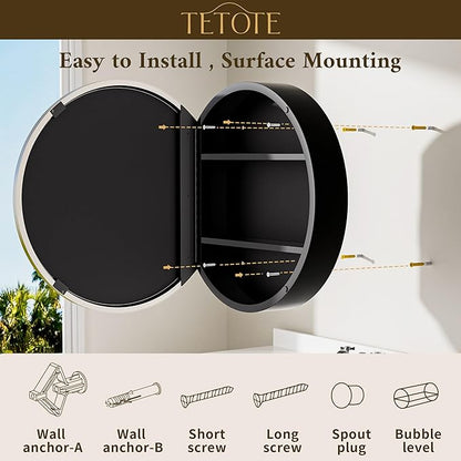 TETOTE 24 x 24 Inch Medicine Cabinet Mirror Brushed Nickel Framed Round Mirrored Medicine Cabinets for Bathroom Adjustable Shelves Modern Bathroom Mirror with Storage Wall Mounted