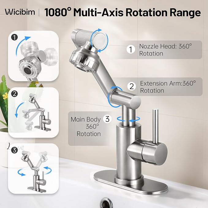 Wicibim Brushed Nickel Bathroom Sink Faucet, Stainless Steel Single Handle with 1080° Rotation, 2 Water Outlet Modes, Hot and Cold Hoses,Swivel Faucet