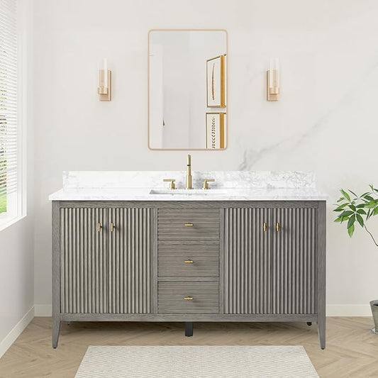 HOMEBEYOND 60" Bathroom Vanity with Single Sink, Solid Wood Bathroom Vanity Free-Standing Cabinet, Ceramic Top & Soft Closing Door, Golden Brushed Handware, Driftwood Gray