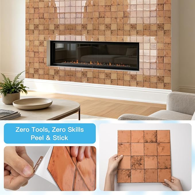 Art3d 10-Pack Heavy-Duty Peel and Stick Backsplash, 12x12 Inch Self-Adhesive Wall Tile Stick on Kitchen Countertop, Terracotta