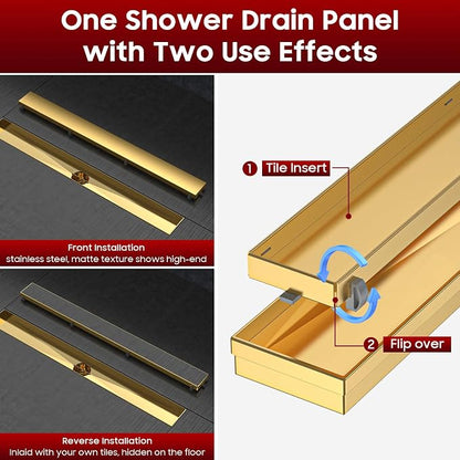DLONE® Linear Shower Drain - 18 Inch Brushed Gold, with Tile Insert Panel | AISI 304 Stainless Steel Linear Drain, Rectangle Shower Floor Drain, with Adjustable Feet, Fits Bathroom & Balcony etc