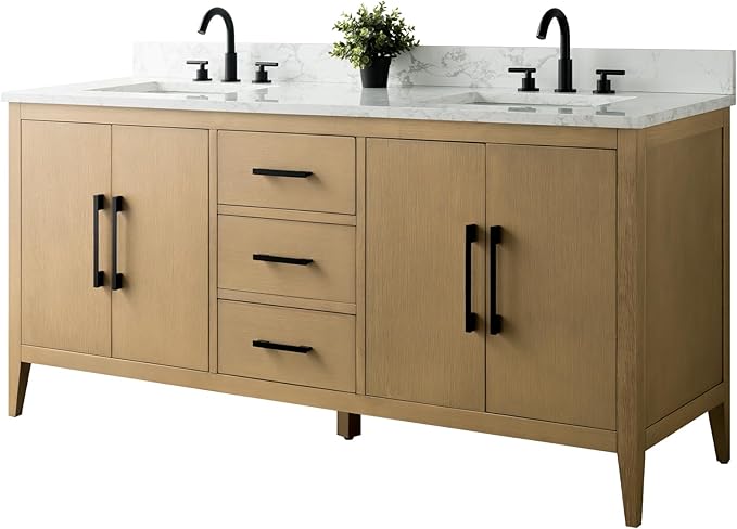 HomeBeyond 72 Inch Bathroom Vanity with Sink & Ceramic Top, Double Vanity Cabinet with Basin, Soft-Closing Doors & Matte Black Hardware, Natural Oak