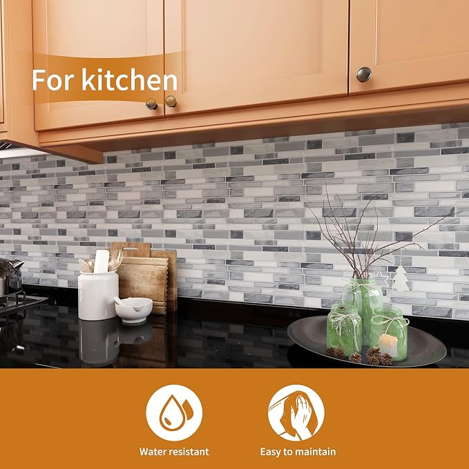 WOWSTAR 10-Sheet Peel and Stick Backsplash Tile for Kitchen Wall, Back Splash Stick On Tiles for Kitchen (12"x 12", Gray) | Peel and stick backsplash, self-adhesive wall tile, Gray, waterproof, kitchen bathroom wall, 10-sheet