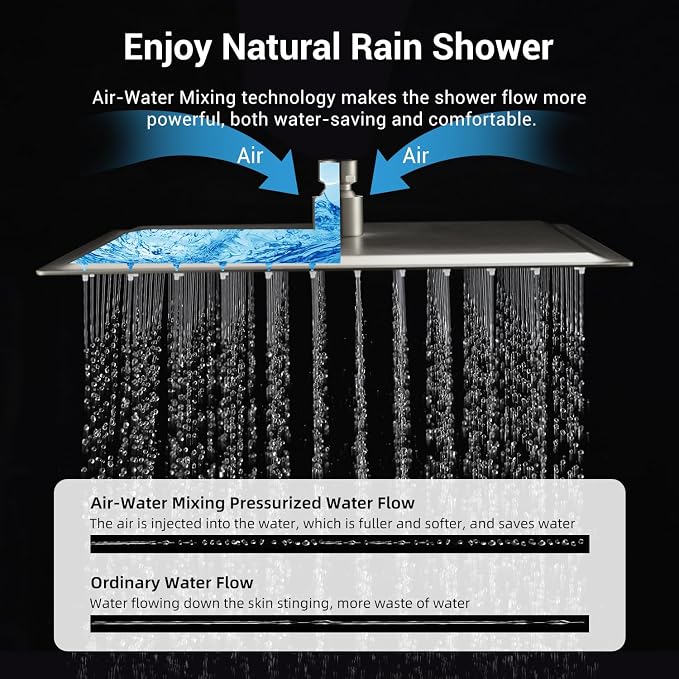 Thermostatic Dual Shower Head System, Brushed Nickel Shower Faucet | 12 Inch Ceiling Rainfall Shower, 6 Inch Wall Mount Head, High Pressure Handheld Sprayer, Push Button Valve