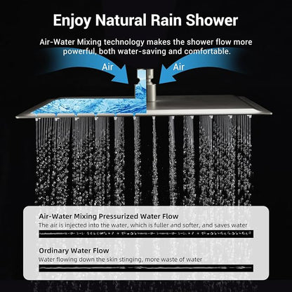 Thermostatic Dual Shower Head System, Brushed Nickel Shower Faucet | 12 Inch Ceiling Rainfall Shower, 6 Inch Wall Mount Head, High Pressure Handheld Sprayer, Push Button Valve